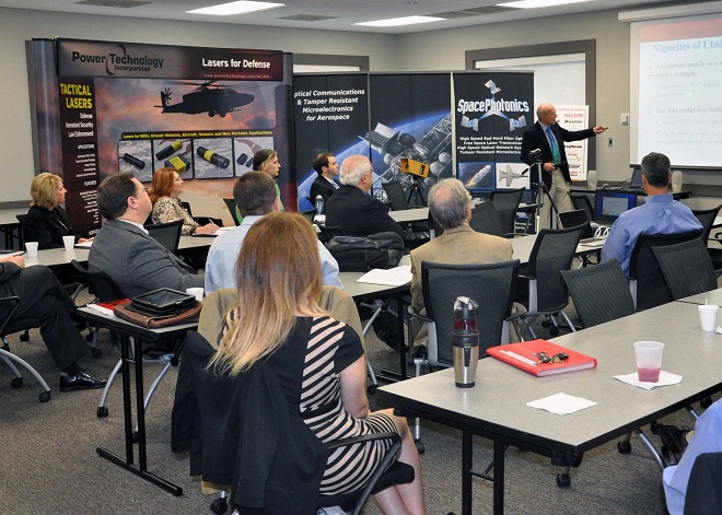 Keynote speaker Paul&nbsp;McManamon leads a session at the first Arkansas Photonics Industry Alliance statewide conference.&nbsp;