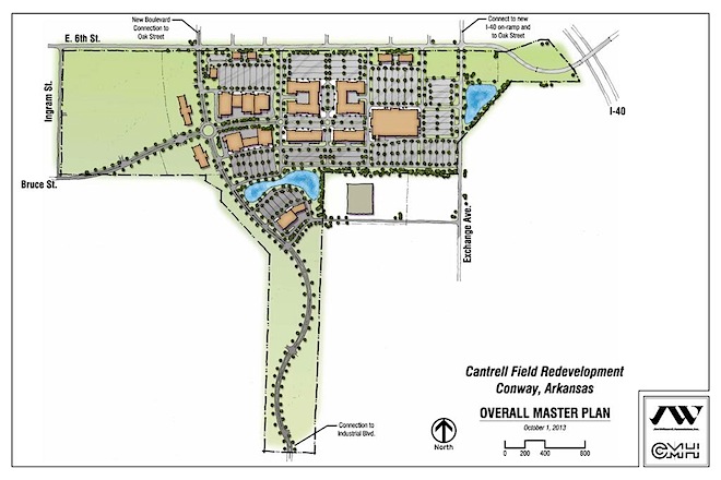 A site plan for Central Landing in Conway, a shopping center on the site of the city's old municipal airport along Interstate 40.