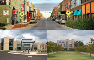 Main Street resurgence, top, has accompanied the continued boom of commercial projects in Jonesboro that include the NEA Baptist Medical Center, bottom-left, and ASU&rsquo;s Humanities and Social Sciences Building, bottom-right. (Photos by&nbsp;Greg Haag, top, and Jason Burt)