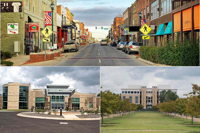 Main Street resurgence, top, has accompanied the continued boom of commercial projects in Jonesboro that include the NEA Baptist Medical Center, bottom-left, and ASU&rsquo;s Humanities and Social Sciences Building, bottom-right. (Photos by&nbsp;Greg Haag, top, and Jason Burt)