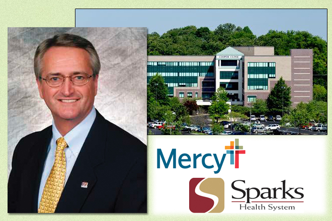 Cooper Clinic CEO Doug Babb, inset, said in letters filed in its lawsuit that the multi-specialty clinic had been in sale talks with both Mercy Health and Sparks Health System in Fort Smith in 2012.