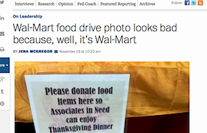 Reaction to one Wal-Mart store's donation drive for employees in the Washington Post.
