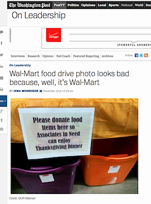 Reaction to one Wal-Mart store's donation drive for employees in the Washington Post.