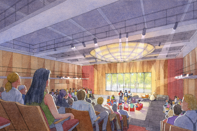 Walton Arts Center&rsquo;s lobby, reoriented to face Dickson Street, will be enlarged and the Starr Theater will be expanded, above. (Artist Renderings provided by Boora Architects)