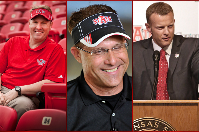Arkansas State head football coaches Hugh Freeze (2011), Gus Malzahn (2012) and Bryan Harsin (2013).