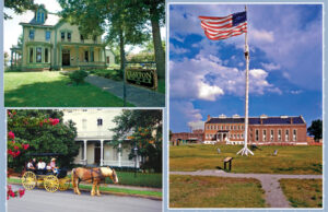 Clockwise from the top-left: Clayton House, Fort Smith National Cemetery and Belle Grove.