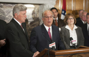 Gov. Mike Beebe and John Correnti at the Jan. 29, 2013, news conference announcing plans for a $1.1 billion steel mill in Mississippi County.&nbsp;