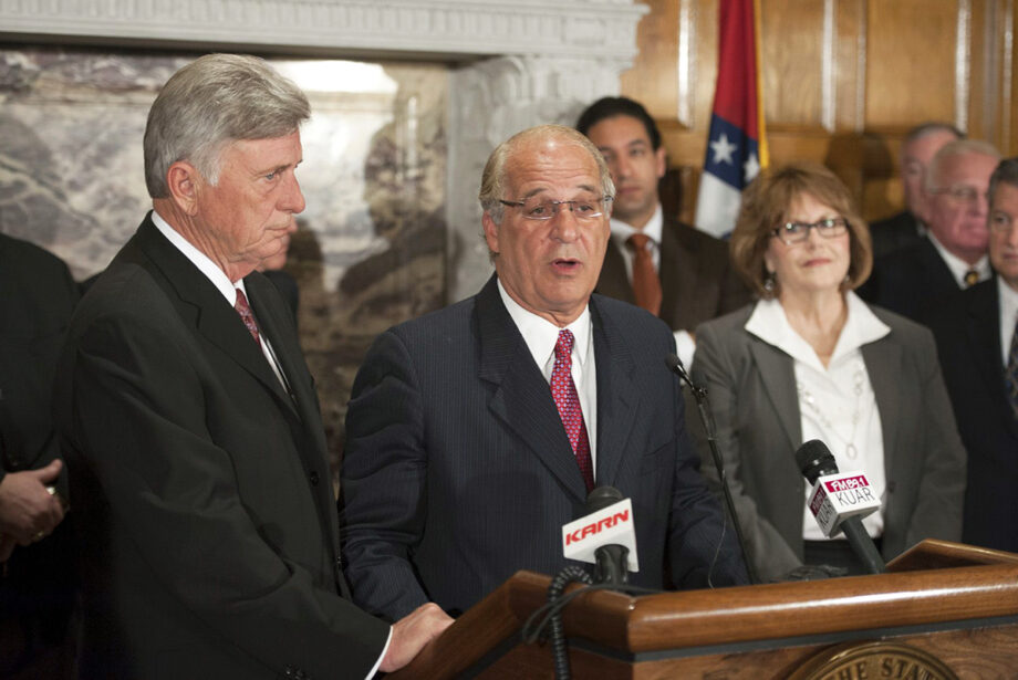Gov. Mike Beebe and John Correnti at the Jan. 29, 2013, news conference announcing plans for a $1.1 billion steel mill in Mississippi County.&nbsp;