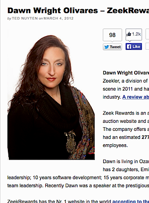 A photo of&nbsp;Dawn Wright-Olivares on the website BusinessFromHome.org, which carried an interview with her in March 2012, about five months before her sites,&nbsp;Zeekler and ZeekRewards, were shut down.