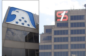 The current look of the Metropolitan Tower (left) and a shot-in-the-dark guess at what the state's tallest building may look like in the coming months. (Photos by Stephanie Dunn/Photo illustration by Tre Baker)