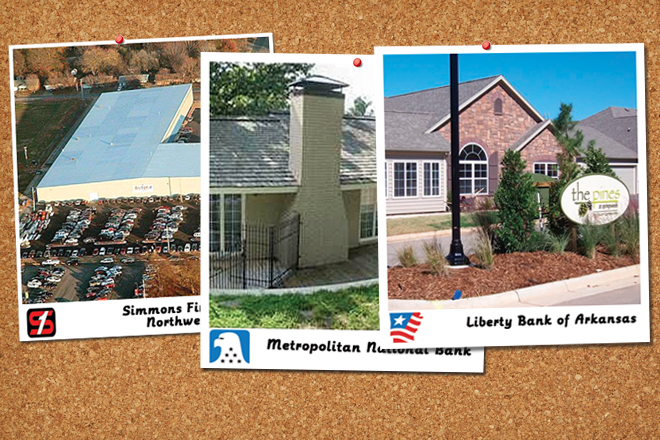 Washington County properties still held as "other real estate owned" by publicly traded Arkansas banks include (from left) the All Star Sports Arena in Springdale, an 11,000-SF home on Lovers Lane in Fayetteville and six ranch-style condominiums and 82 lots in The Pines at Springwoods, also in Fayetteville.