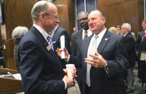 Southern Arkansas University President David Rankin, left, and state Sen. Bruce Maloch, D-Magnolia, at Friday's&nbsp;Arkansas Higher Education Coordinating Board meeting.