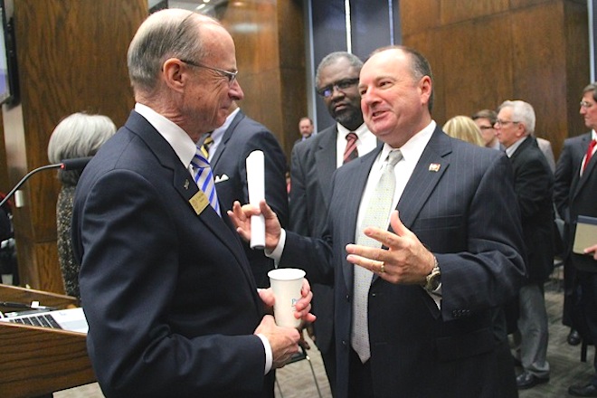 Southern Arkansas University President David Rankin, left, and state Sen. Bruce Maloch, D-Magnolia, at Friday's&nbsp;Arkansas Higher Education Coordinating Board meeting.