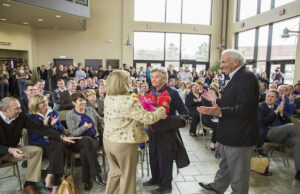 Pictured left to right: Mark Soderquist; Sandie Ford; Wendy Soderquist; Carey Pollard; Jo Soderquist; Don Soderquist; and Chip Pollard, JBU president, at a 2014 event at&nbsp;JBU to&nbsp;name the business college&nbsp;after Soderquist.