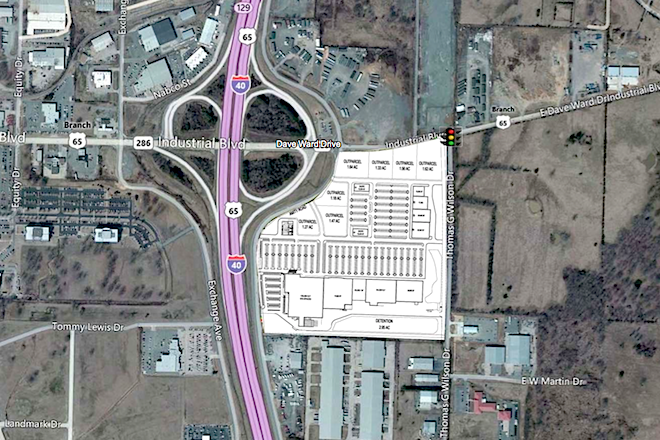 Plans by a North Carolina company to put a 400,000-SF shopping center&nbsp;east of Interstate 40 at the intersection of Amity Road and Dave Ward Drive in Conway. City officials say preliminary plans for the center have changed since this iteration.