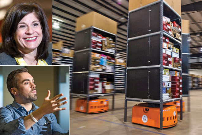 Lela Davidson (top), director of content for Acumen Brands and John Elliott (below), director of partnership marketing. Kiva Systems robots (right) bring merchandise for stocking at the Acumen Brands warehouse across from the company&rsquo;s 200,000-SF headquarters.&nbsp; (Photos by Beth Hall)