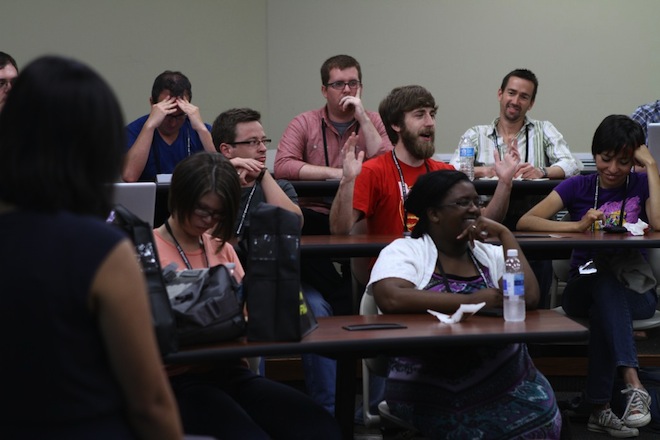 ARK Challenge NWA director Jeannette Balleza-Collins leads a session at last year's BarCamp Conway.