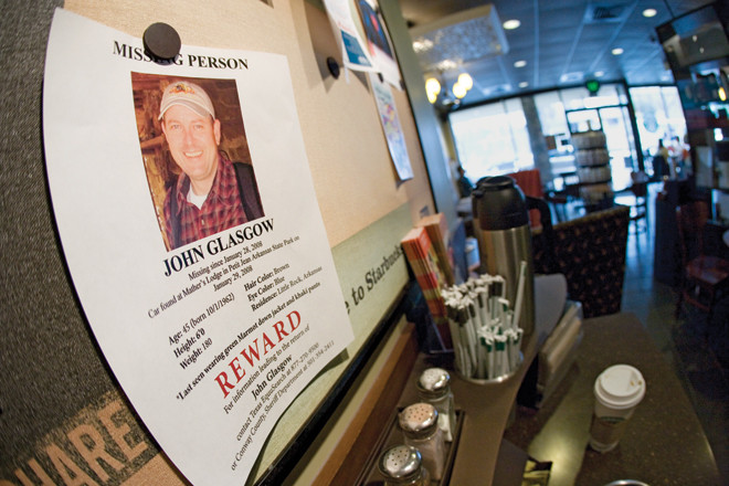 Starbucks on Kavanaugh Boulevard in Little Rock is one of the places displaying a flier seeking missing CDI Contractors executive John Glasgow. (Photo by Michael Pirnique)