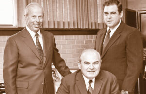 Arnold Mayersohn, left, chairman of the  board of Sterling Stores Inc., with company co-founder Dave Grundfest Sr. and President Dave Grundfest Jr. in 1971, eight years before a plane crash marked the beginning of the end.