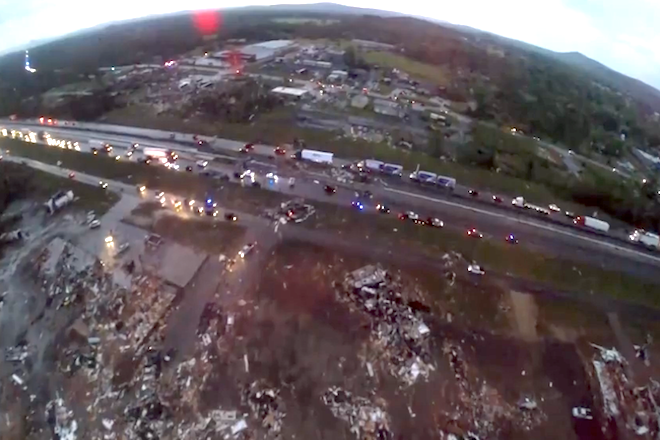 Aerial footage of Mayflower tornado damage by photographer Brian Emfinger, posted to YouTube.
