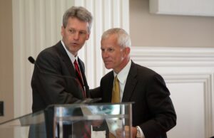 Riceland CEO Danny Kennedy (right) visits with Arkansas District Export Council member Len Frey before accepting an award at the 2012 Governor's Awards for Excellence in Global Trade.