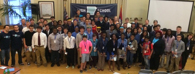 High School Startup Weekend participants from 11 Arkansas schools gathered for a group shot with event emcees Jordan Carlisle and Max Farrell and Noble Impact founder and chairman Steve Clark (far left) Sunday night at the Clinton School's Sturgis Hall.&nbsp;