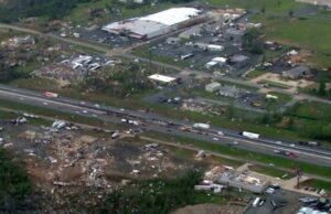 An aerial view of tornado damage in Mayflower, by THV 11 News photographer Kenny Allison.&nbsp;The National Weather Service estimates that the&nbsp;tornado that hit Vilonia and Mayflower was probably at least an EF3 on the 0-to-5 EF scale, which means winds greater than 136 mph.