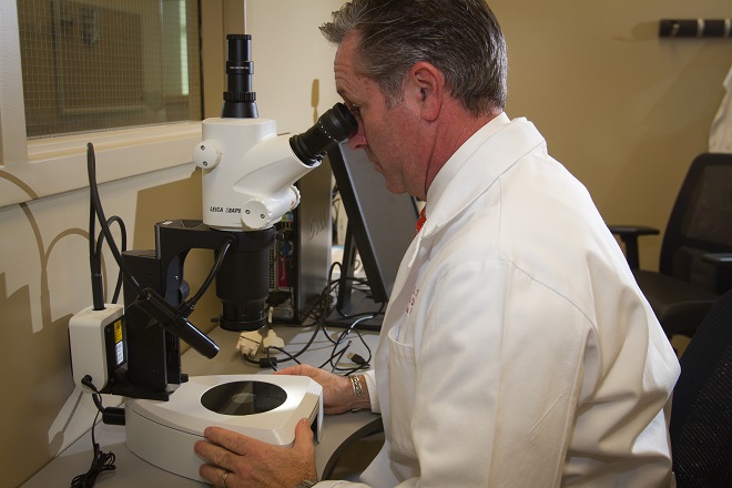 Jimmy Threet of Arkansas Genomics runs a test in his Little Rock lab.
