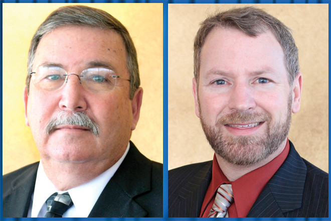 From left, Sherman Lites, new Arkansas Livestock Show Association livestock administrator, and Will Hornburg, director of sales and promotions.