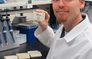 Dr. Mike Rutherford, chief scientist at Fayetteville's TiFiber, displays samples of the bar soap products developed in partnership with Bradford Soap Works.