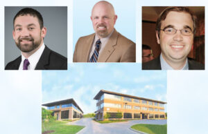 Clockwise from top left: Grady Mathews of Newmark Grubb Arkansas, Butch Gurganus of Colliers International, Marshall Saviers of Sage Partners and the proposed Pinnacle Summit office building in Rogers, located within the Pinnacle Hills area.