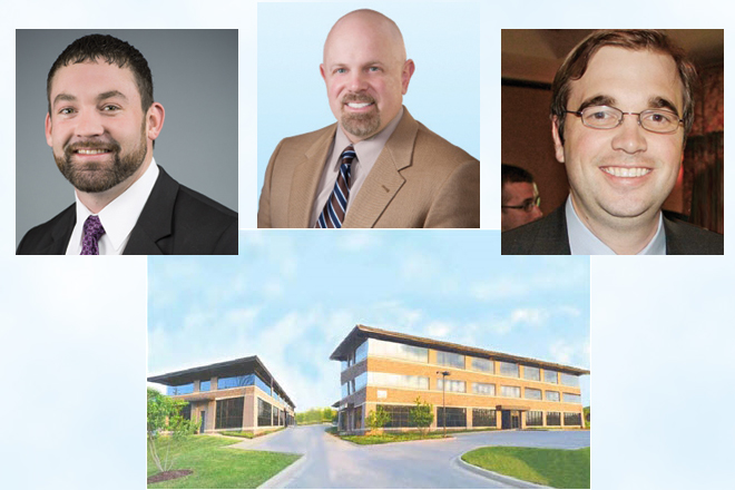 Clockwise from top left: Grady Mathews of Newmark Grubb Arkansas, Butch Gurganus of Colliers International, Marshall Saviers of Sage Partners and the proposed Pinnacle Summit office building in Rogers, located within the Pinnacle Hills area.