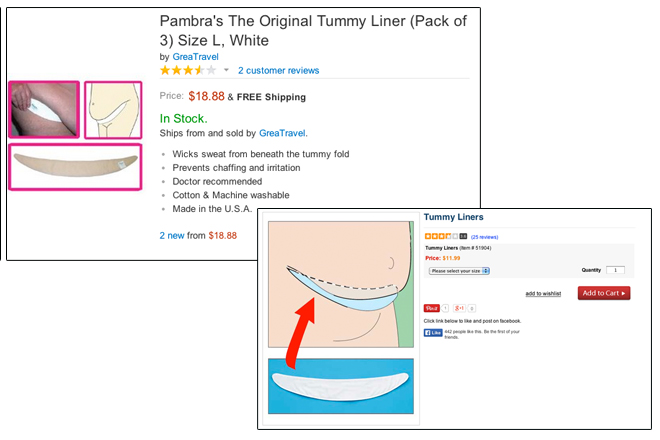 A screen capture of Pambra's liner for sale on Amazon.com (top) and the version offered by Dr. Leonard's on its website.