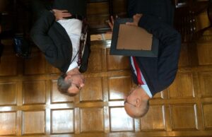 Dr. Gareth Morgan (left) of UAMS, the newest ARA Scholar, visits with current ARA Scholar Dr. Peter Crooks of UAMS at Wednesday's announcement.&nbsp;