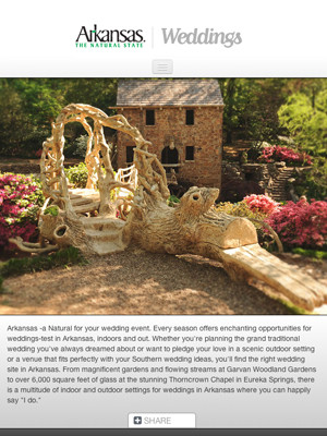 A screenshot of Arkansas.com's Weddings section. The Department of Parks & Tourism will soon publish a new guide called My Arkansas Wedding