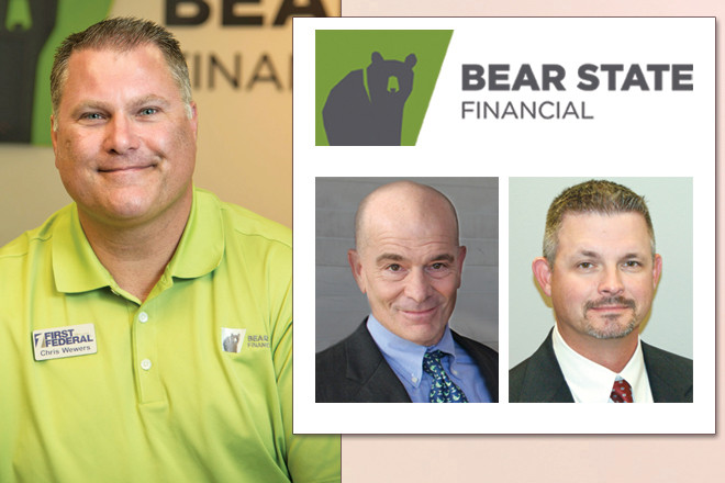 “Anytime there’s change, we think that creates opportunity for us,” says Chris Wewers (left), CEO of Harrison’s First Federal Bank. Inset: Rick Massey, president, CEO and chairman of Bear State Financial; Jason Lenderman, president and CEO of First National Bank of Hot Springs. | (Wewers photo by Jason Burt)