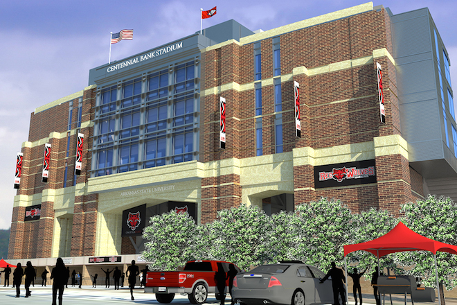 A rendering of the exterior of an expanded&nbsp;Centennial Bank Stadium at Arkansas State University in Jonesboro.