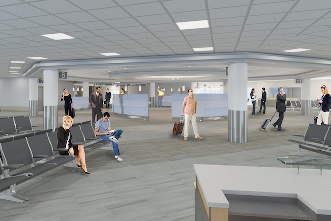 This rendering shows a completed view from the airport's rotunda that includes new interior finishes, lighting and gate lounge seating with in-seat recharge for portable devices.