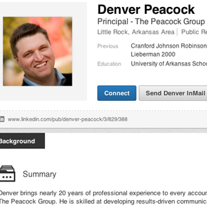 The LinkedIn.com profile for Denver Peacock displays his new firm's name, The Peacock Group.