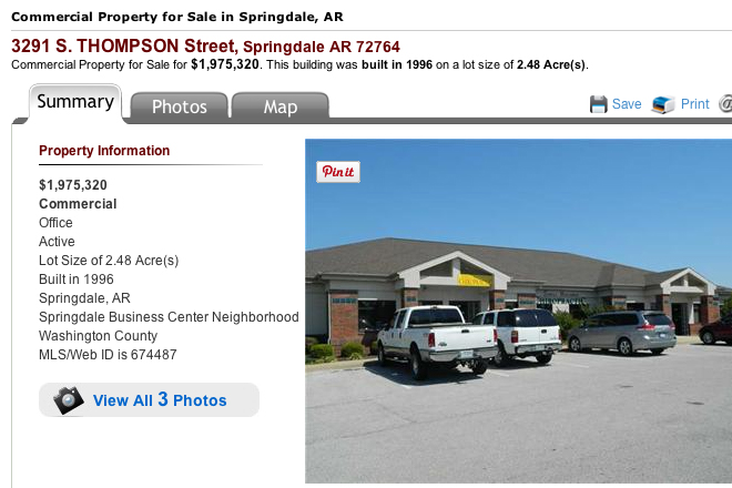 This screenshot from Weichert.com shows an asking price of $1,975,320 for the Springdale Business Center.