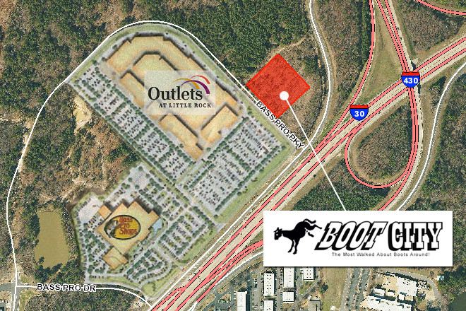 Boot City will develop the parcel shaded in red adjacent to the Gateway Town Center in Little Rock. | (Aerial photo by PAGIS)