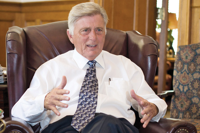 Gov. Mike Beebe and Grant Tennille, executive director of the Arkansas Economic Development Commission, hint that the first batch of good news from a European trade mission should be landing soon. | (Photo by Jason Burt)