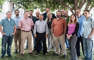 Part of the Movista crew outside the company's downtown Bentonville office.
