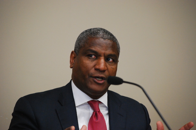 Former U.S. Transportation Secretary Rodney Slater speaks Sept. 30 at a panel discussion on transportation, technology and logistics at Philander Smith College in Little Rock.