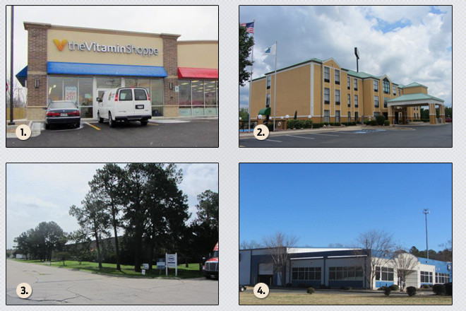 1.) Vitamin Shoppe at 4300 McCain Blvd. in North Little Rock; 2.) Comfort Suites at 14322 Frontier Drive in Maumelle; 3.) Central Terminal warehouse at 1601 Gregory St. in North Little Rock; and 4.) St. Jude Packaging facility at 5510 W. 65th St. in Little Rock | (Photos courtesy Pulaski County Assessor)