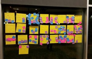 A wall inside&nbsp;Acxiom's corporate headquarters served as a post-it bulletin board of ideas being brainstormed before teams officially were formed at the latest Startup Weekend Little Rock.