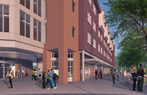 This rendering shows the proposed Donaghey Hall, a 67,500-SF mixed use building with retail shops and restaruants in addition to student housing.