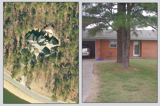From left, an aerial view of the Crews property in west Little Rock being foreclosed on by Centennial Bank and the property in Lonoke County on which IberiaBank has secured a claim. |&nbsp; (PAGIS/Lonoke County Assessor)