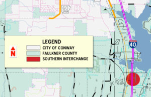 The city of Conway's borders already extend south of the southern interchange being constructed on Interstate 40. However, its borders on the interstate itself stop just short of Lake Conway's northern shore.