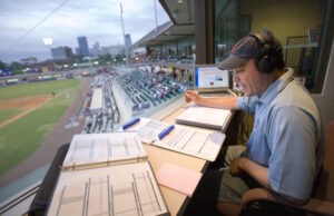 Phil Elson calls a game for the Arkansas Travelers baseball team in North Little Rock.